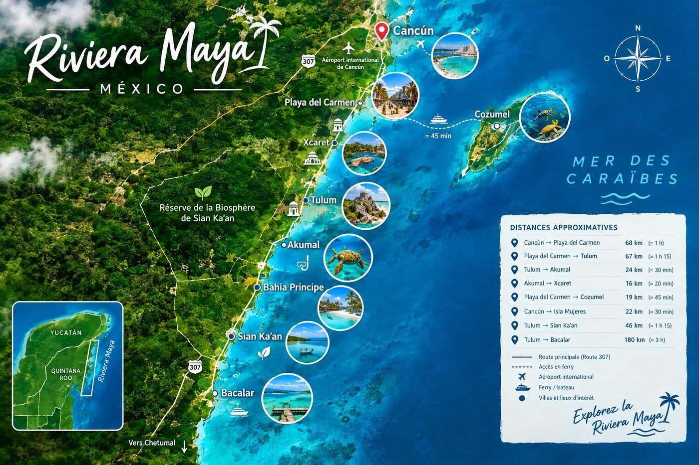 Mapa estilizado de la Riviera Maya
